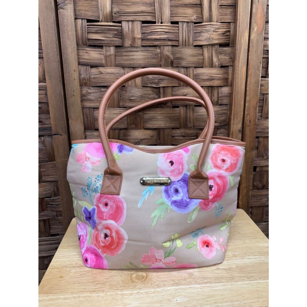 Tupperware Pink & Purple Floral Beige Tote with Brown Handles